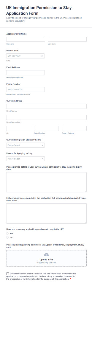 UK Immigration Permission To Stay Application Form Template