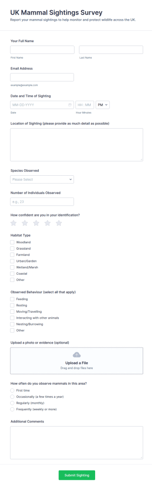 UK Mammal Sightings Survey Form Template