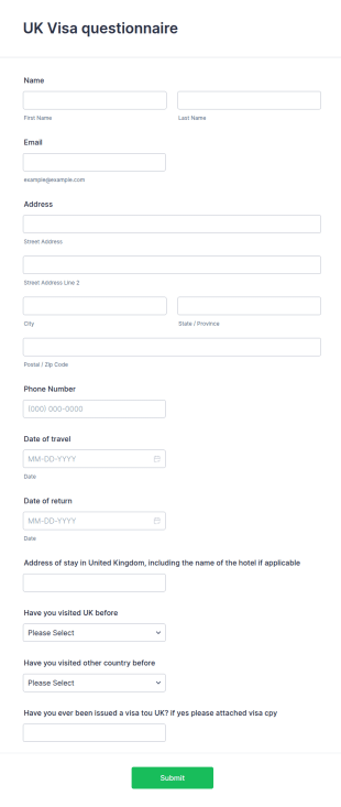 UK Visa Questionnaire Form Template
