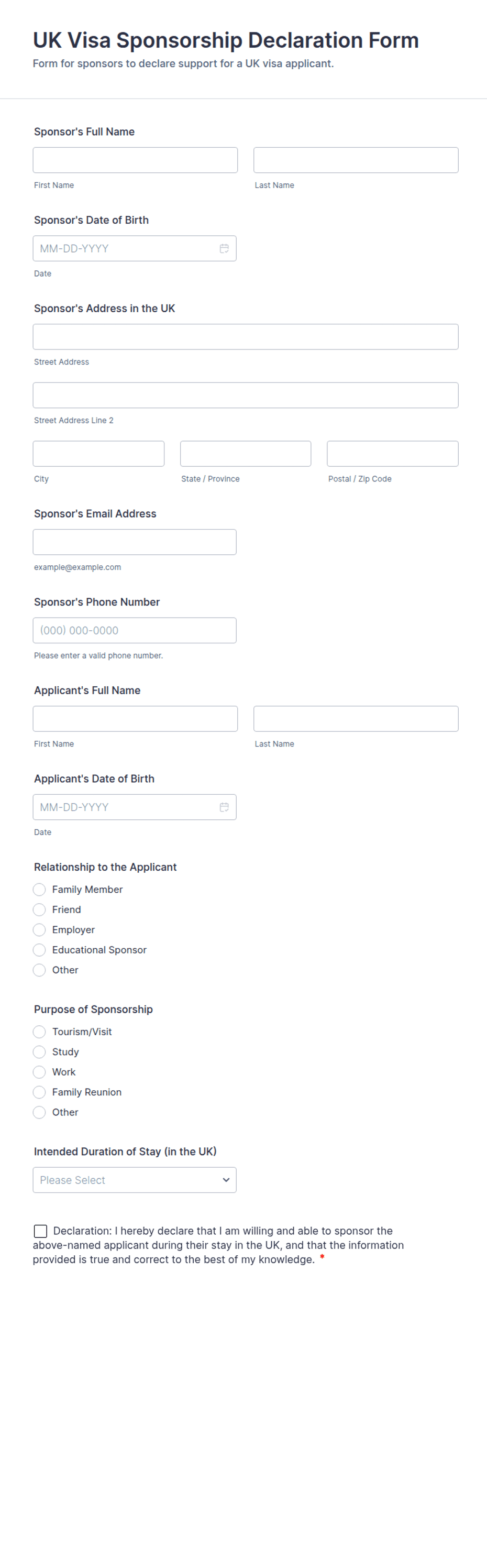 UK Visa Sponsorship Declaration Form Template | Jotform