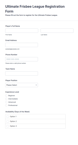 Ultimate Frisbee League Registration Form Template