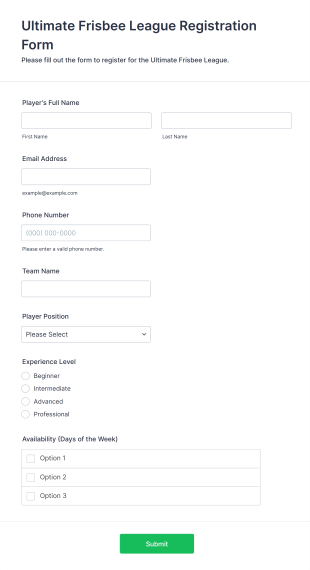 Ultimate Frisbee League Registration Form Template