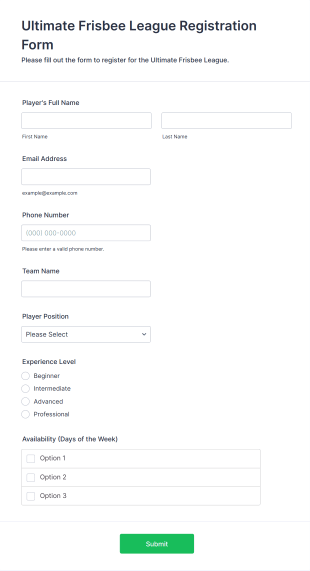 Ultimate Frisbee League Registration Form Template