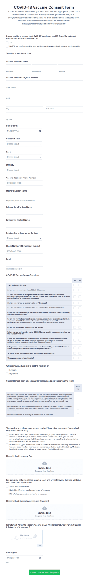 Ultra Care Pharmacy Germantown COVID 19 Vaccine Screening Form Template