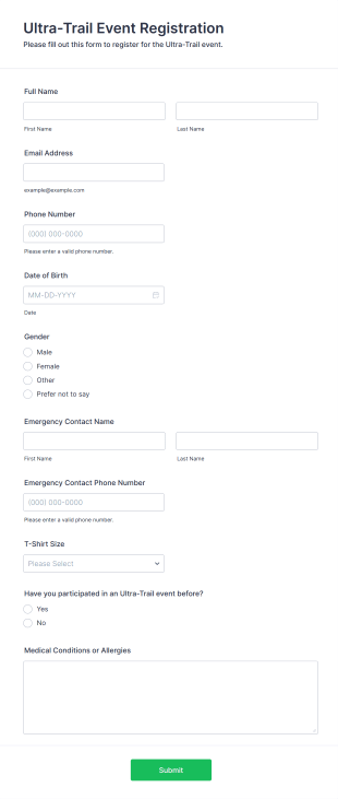 Ultra Trail Event Registration Form Template