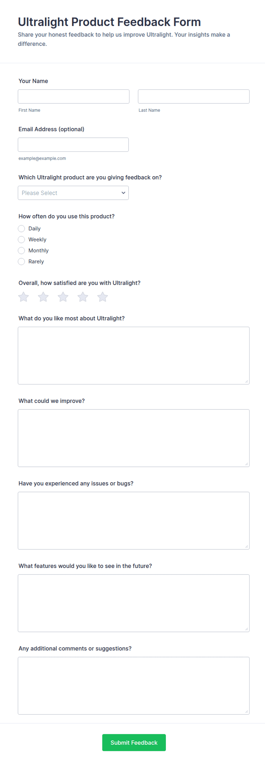 Ultralight Product Feedback Form Template | Jotform