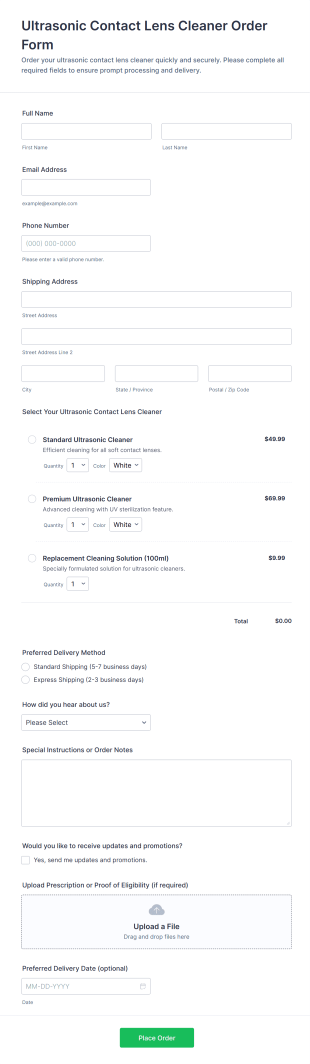 Ultrasonic Contact Lens Cleaner Order Form Template