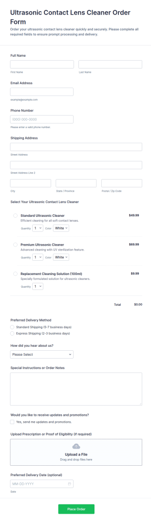 Ultrasonic Contact Lens Cleaner Order Form Template