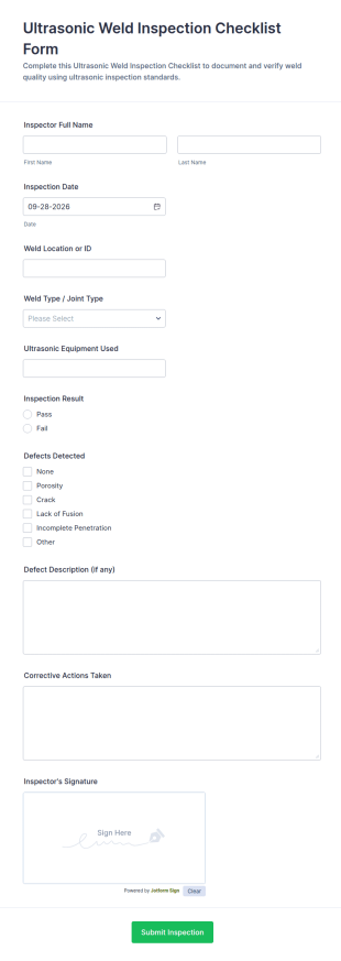 Ultrasonic Weld Inspection Checklist Form Template