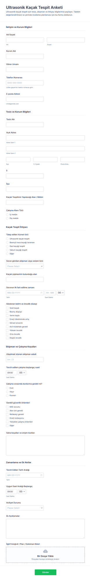 Ultrasonik Sızıntı Tespit Anketi Form Şablonu