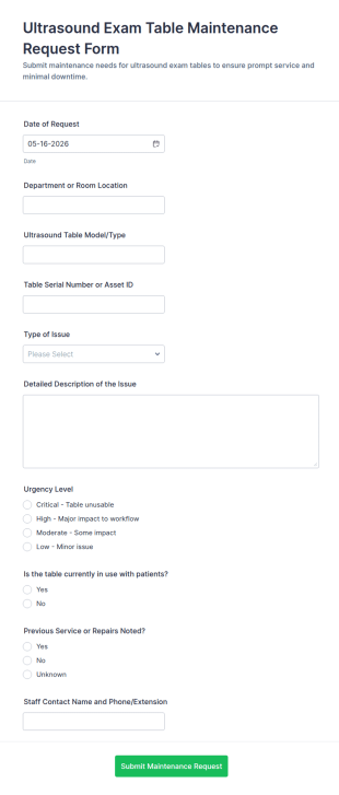 Ultrasound Exam Table Maintenance Request Form Template