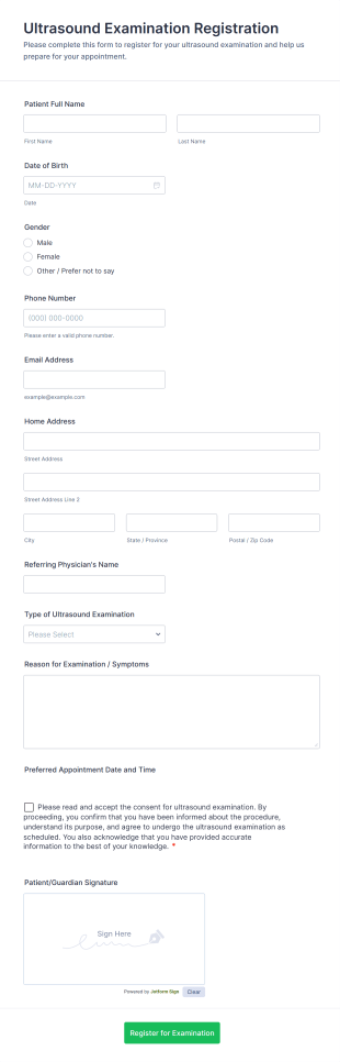Ultrasound Examination Registration Form Template