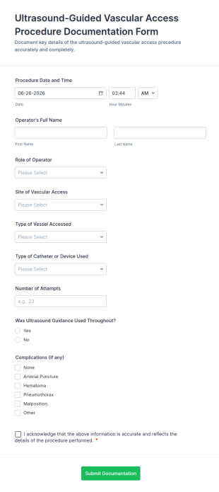 Ultrasound Guided Vascular Access Procedure Documentation Form Template
