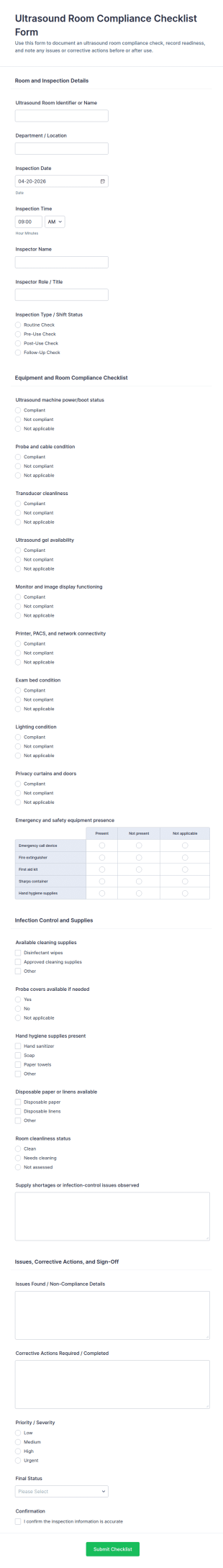 Ultrasound Room Compliance Checklist Form Template
