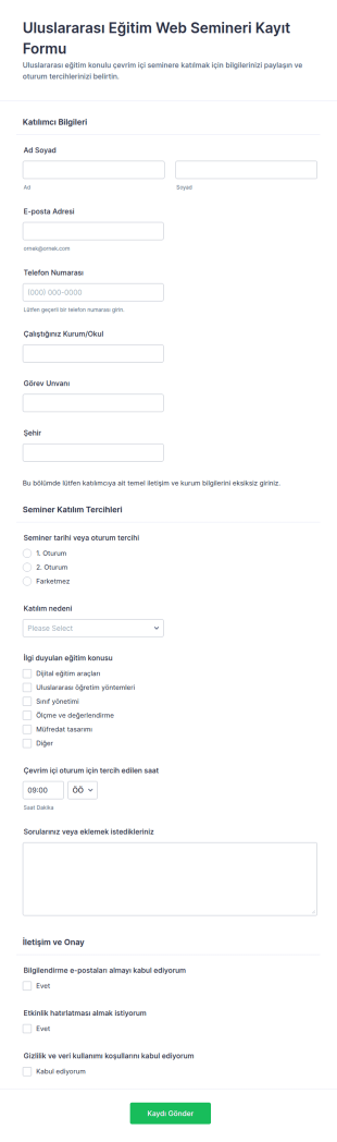 Uluslararası Eğitim Web Semineri Kayıt Form Şablonu