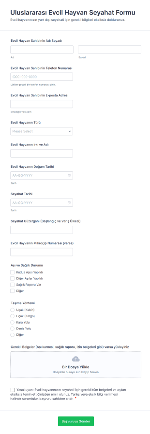 Uluslararası Evcil Hayvan Seyahat Form Template