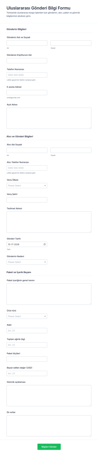 Uluslararası Gönderim Bilgi Form Şablonu