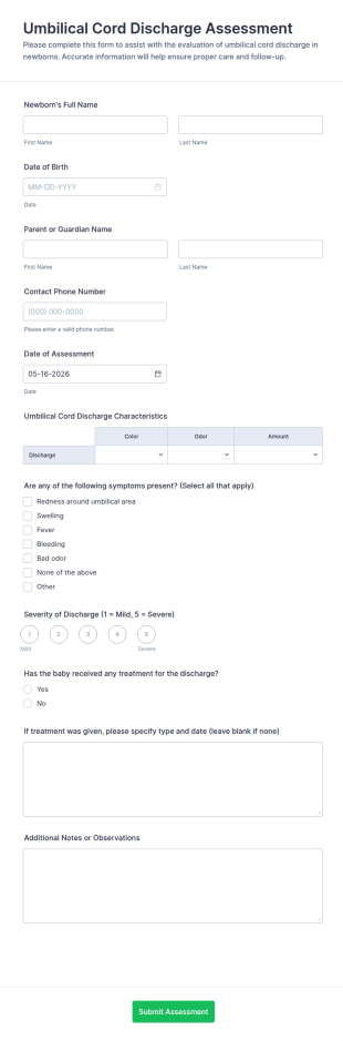 Umbilical Cord Discharge Assessment Form Template