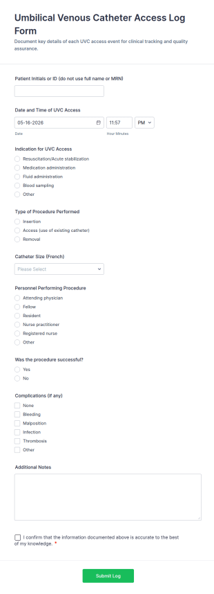 Umbilical Venous Catheter Access Log Form Template