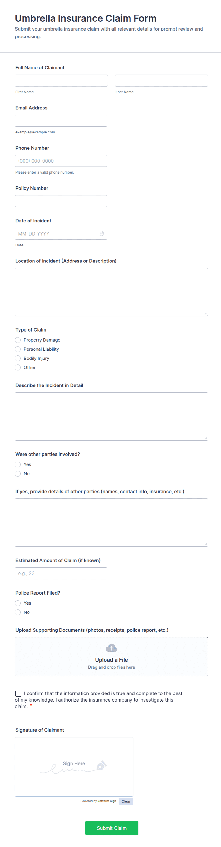 Umbrella Insurance Claim Form Template | Jotform