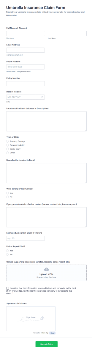 Umbrella Insurance Claim Form Template