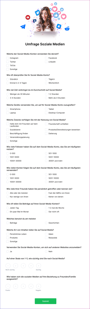 Umfrage Soziale Medien Vorlage Form Template