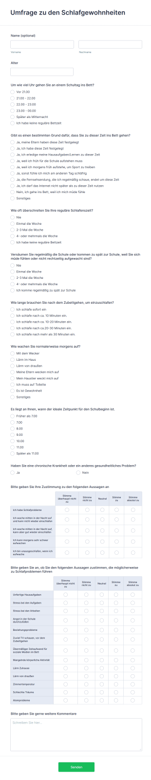 Umfrage Zu Den Schlafgewohnheiten Form Template
