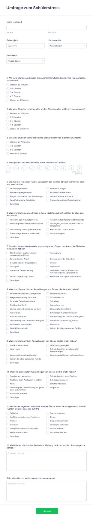 Umfrage Zum Schülerstress Form Template