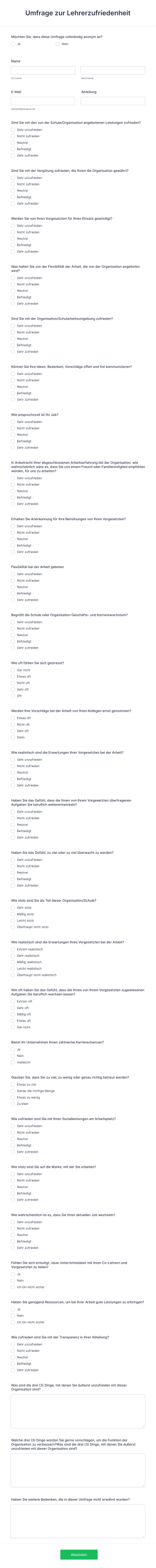 Umfrage Zur Lehrerzufriedenheit Form Template