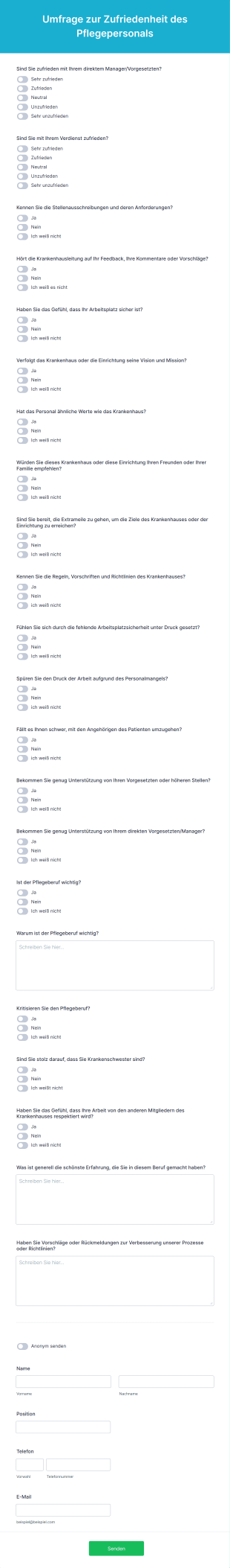 Umfrage Zur Zufriedenheit Des Pflegepersonals Form Template