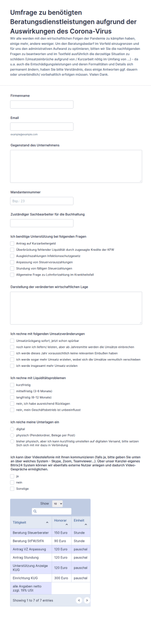 Umfrageformular Corona Beratungsleistungen