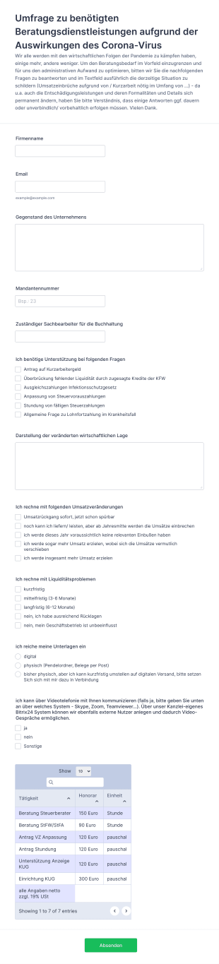 Umfrageformular Corona Beratungsleistungen Form Template