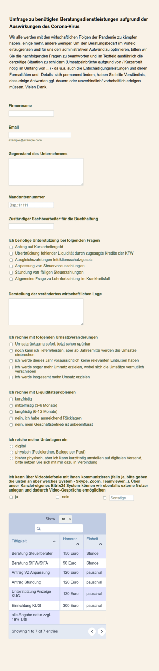 Umfrageformular Corona Virus