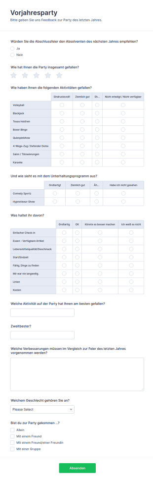 Umfrageformular Für Die Partei Im Vorjahr