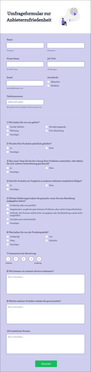 Umfrageformular Zur Anbieterzufriedenheit