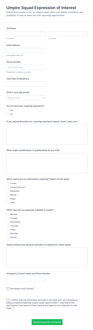Umpire Squad Expression Of Interest Form Template