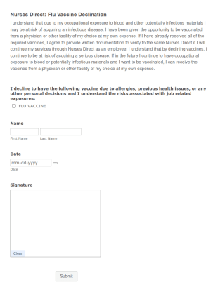 Flu Vaccine Declination Form Template