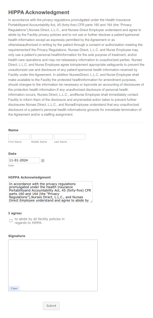 HIPPA Acknowledgment Form Template
