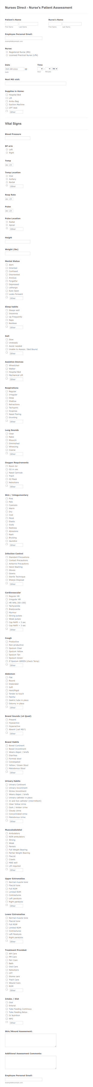 Nurse's Patient Assessment Form Template