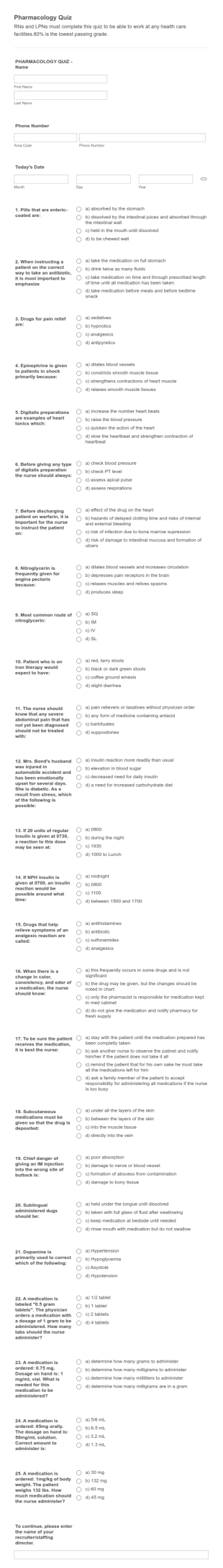 Pharmacology Quiz Form Template