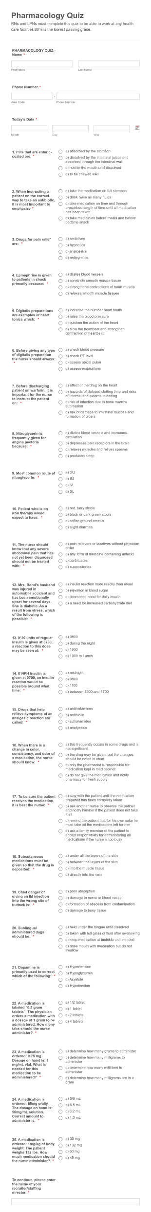 Pharmacology Quiz Form Template