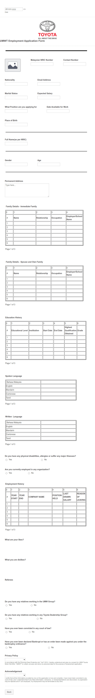 UMWT Employment Application Form Template