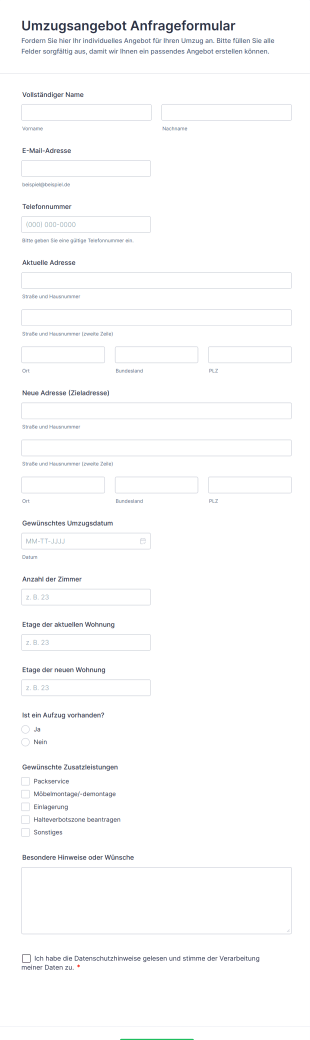 Umzugsangebot Anfrageformular