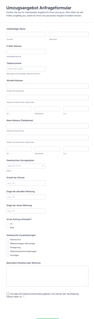 Umzugsangebot Anfrageformular
