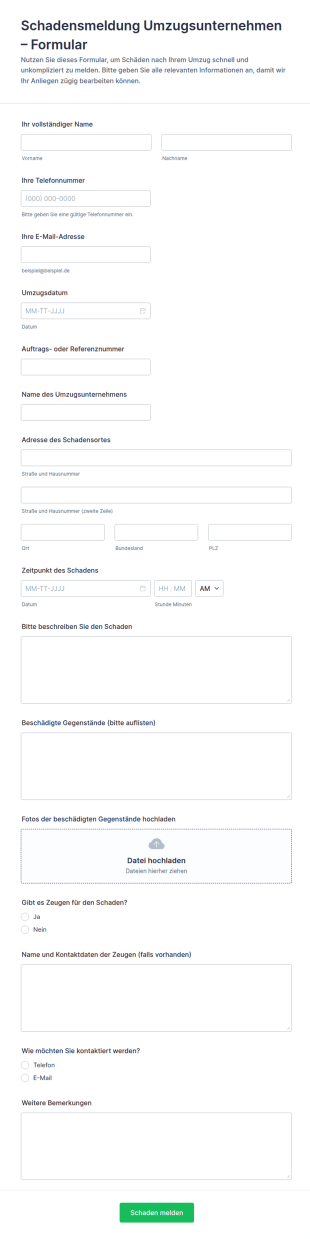 Umzugsunternehmen Schadensmeldung Formular 🚚