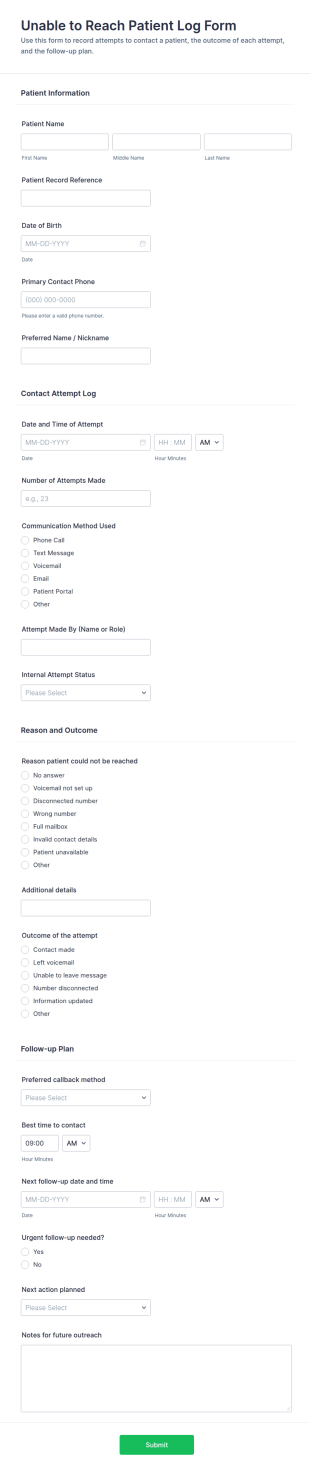 Unable To Reach Patient Log Form Template