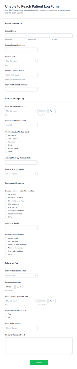 Unable To Reach Patient Log Form Template