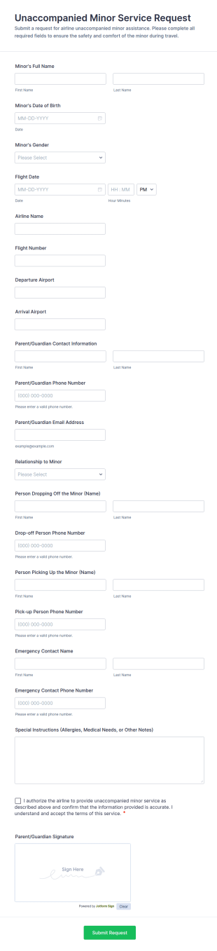 Unaccompanied Minor Service Request Form Template