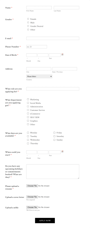 Unadvertised Job Application Form Template