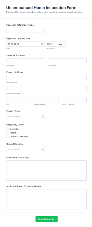 Unannounced Home Inspection Form Template
